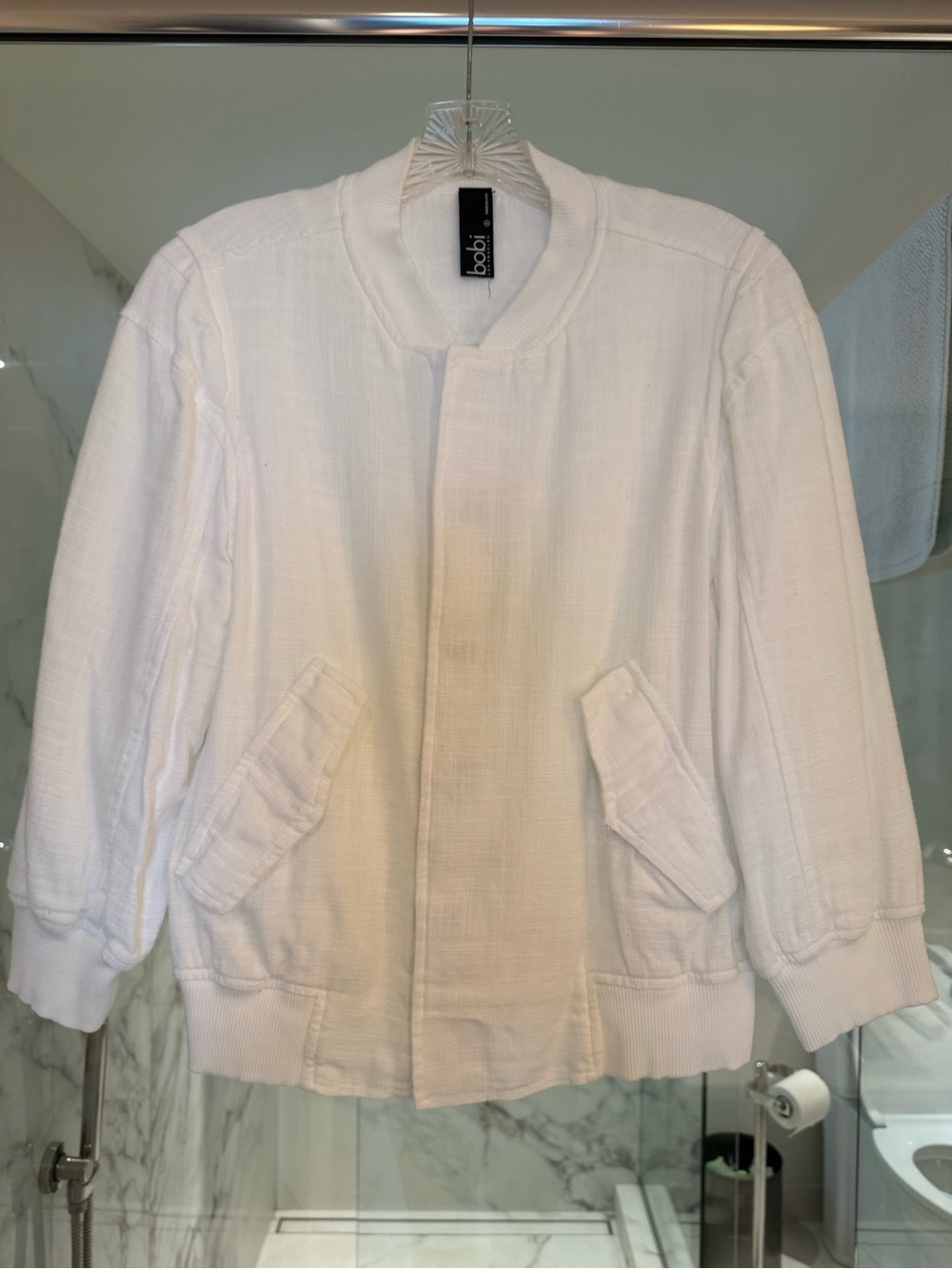 bobi White Textured Bomber Jacket with Patch Pockets